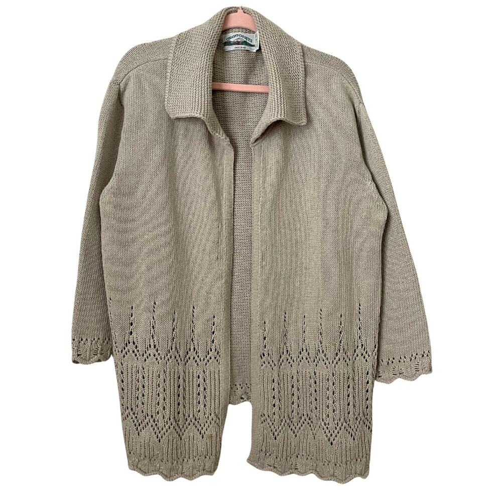 Aran Crafts Ireland Cardigan Womens Large Tan‎ Knit Eyelet Fisherman Sweater